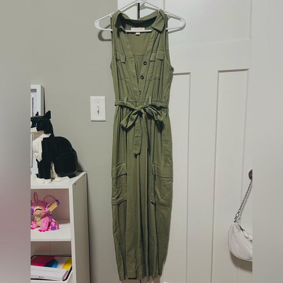 Monteau Pants - Monteau Olive Green Jumpsuit with Tie Belt